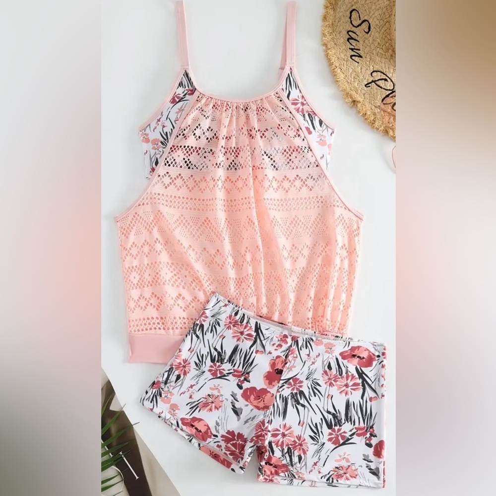 Pink Flower Print Mesh Tankini Set - Picture 7 of 14